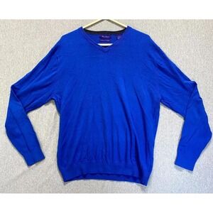 Alan Flusser Sweater Mens Large Blue Cashmere Knitted Winter Cozy Warm V Neck
